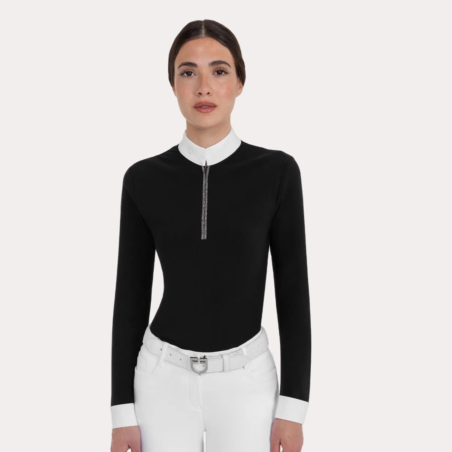 Polo de concours pour femme à manches longues avec strass noir - EQUESTRO