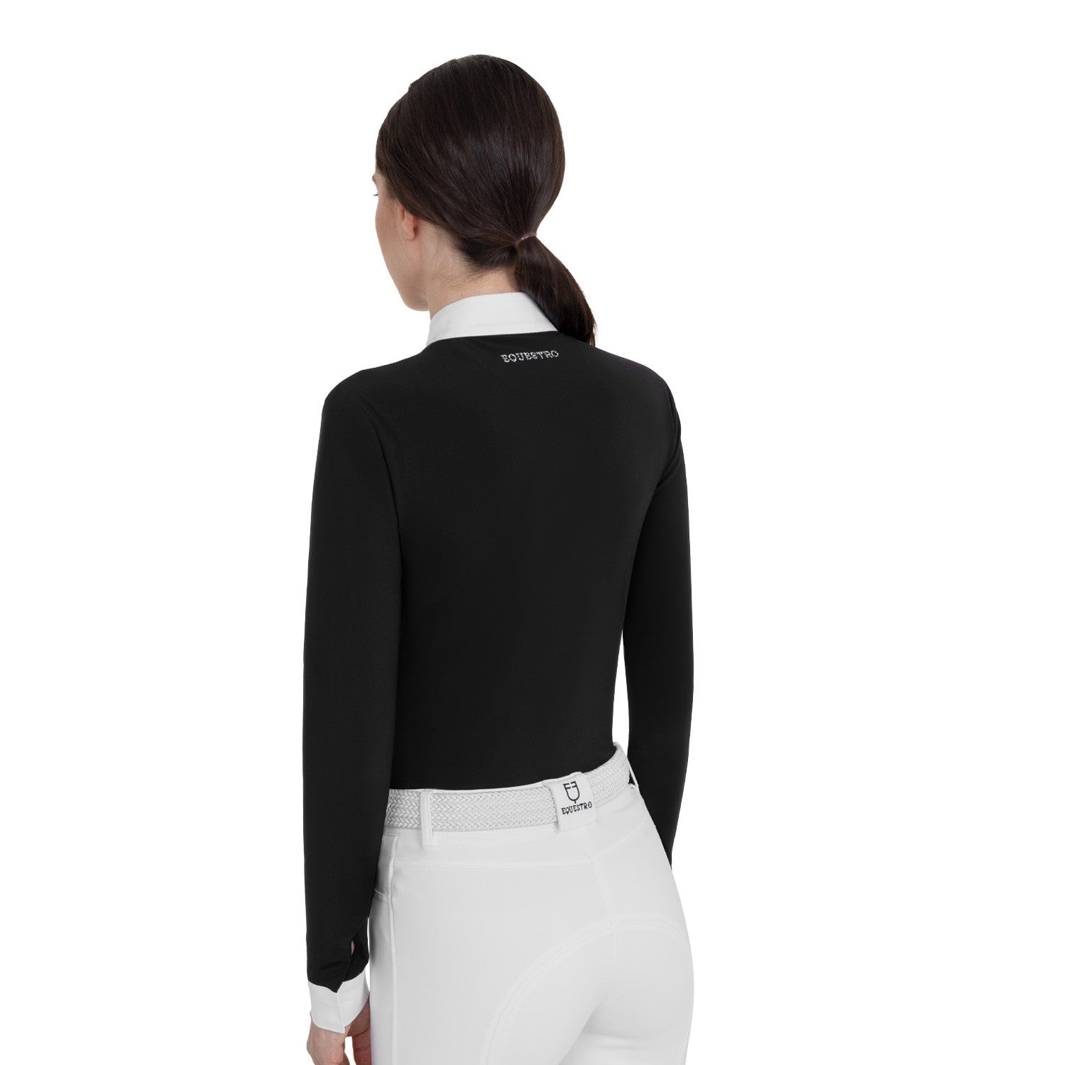 Polo de concours pour femme à manches longues avec strass noir - EQUESTRO